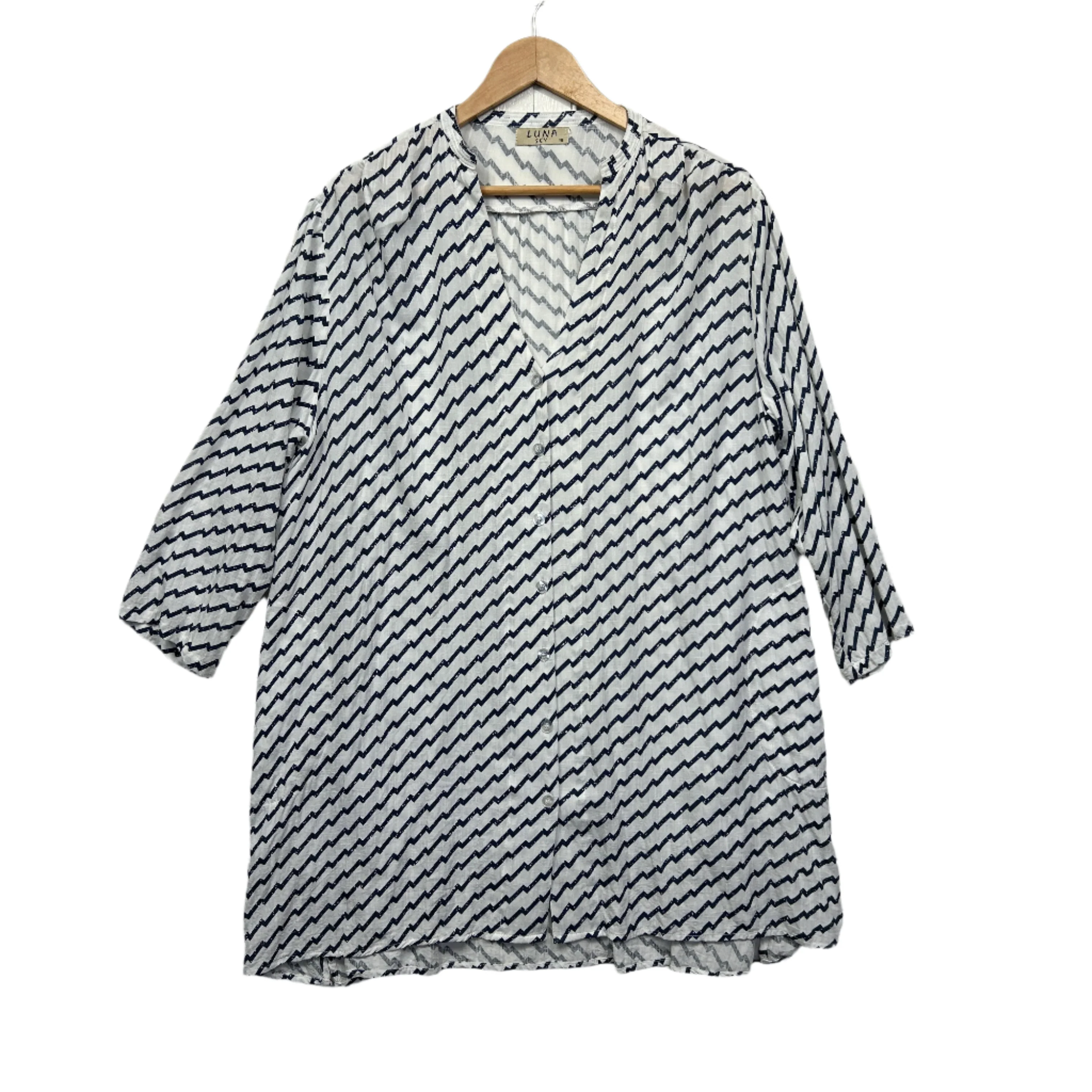 Luna Sky Top Size 16 Blue White Striped Long Sleeve Rayon