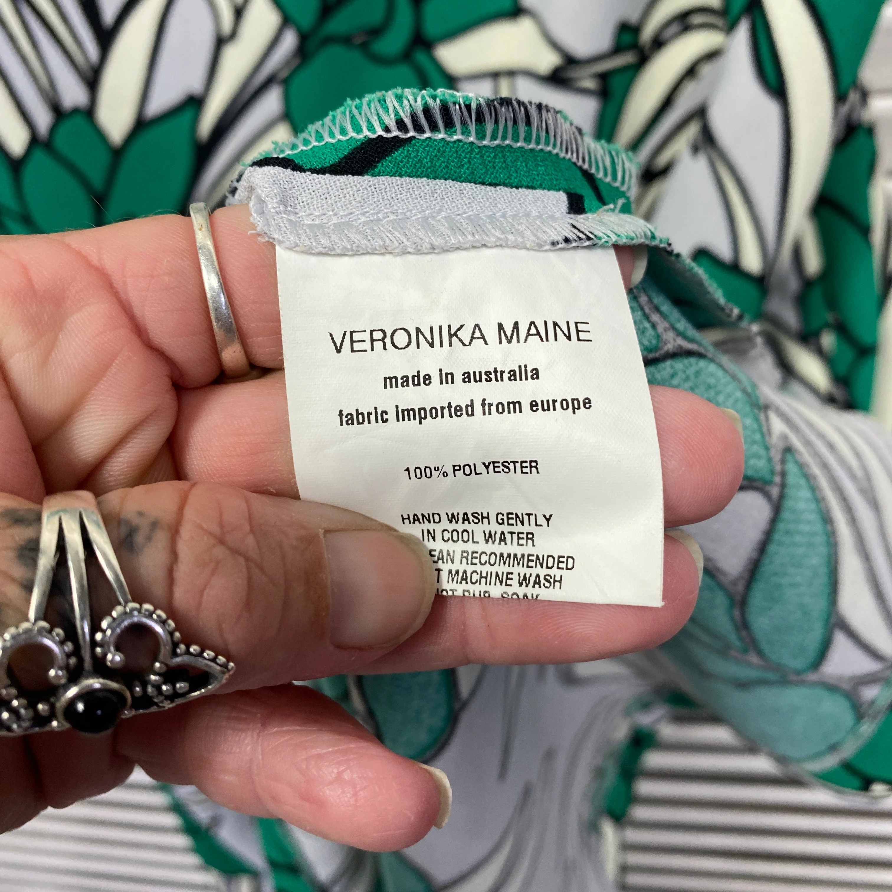 Veronika Maine Dress Size 14 Green White Floral Cocktail Made in Australia - Image 5