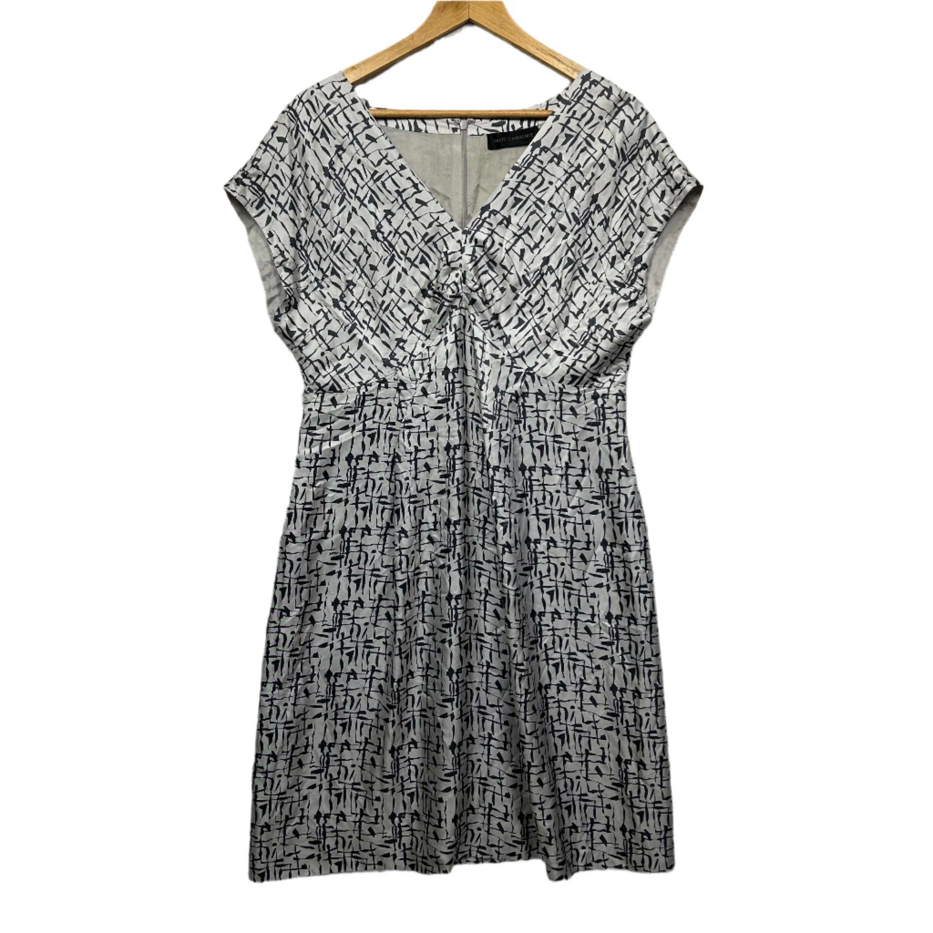 David Lawrence Silk Dress Size 14 White Grey Short Sleeve