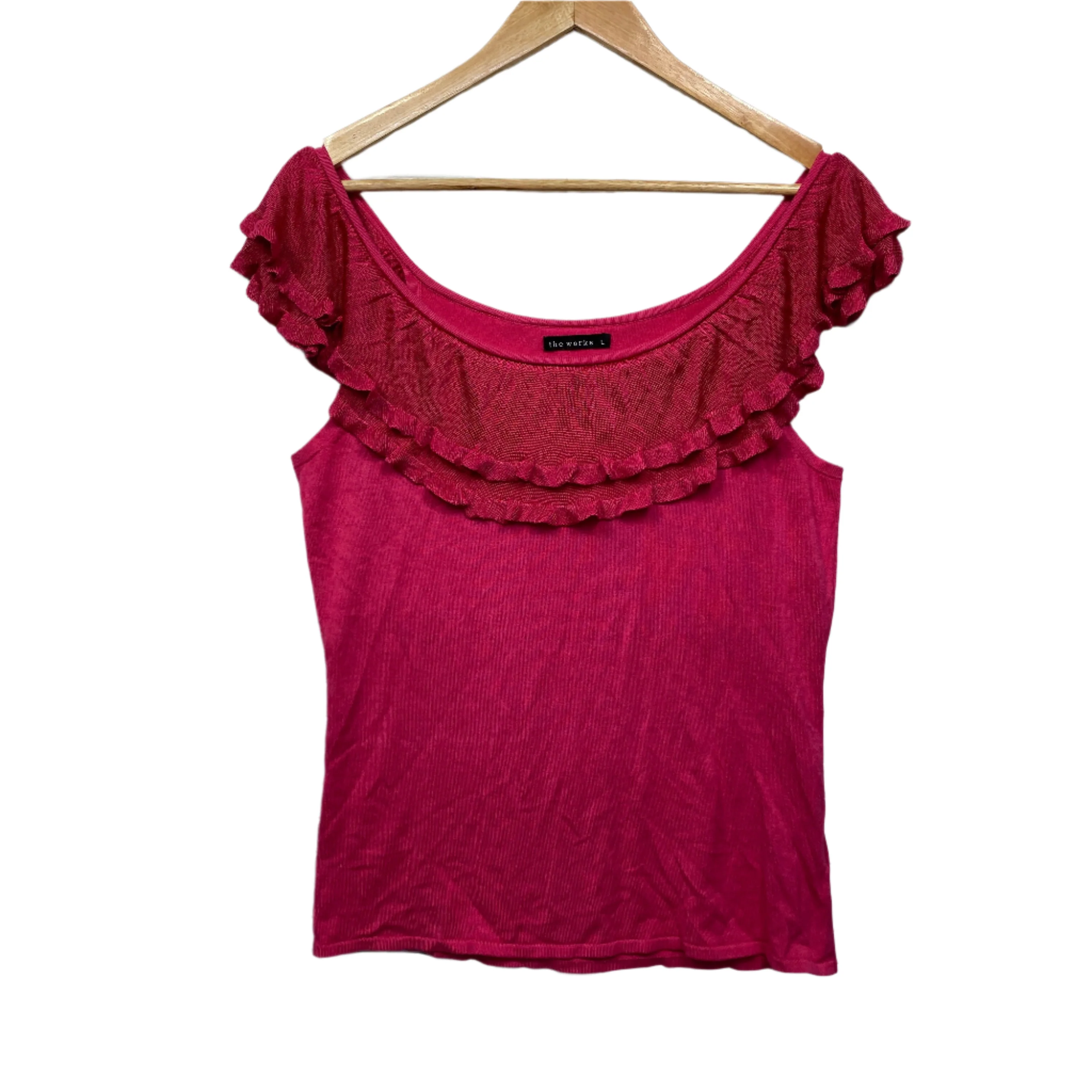 The Works Top Size 14 Large Pink Ruffle Neckline Rayon