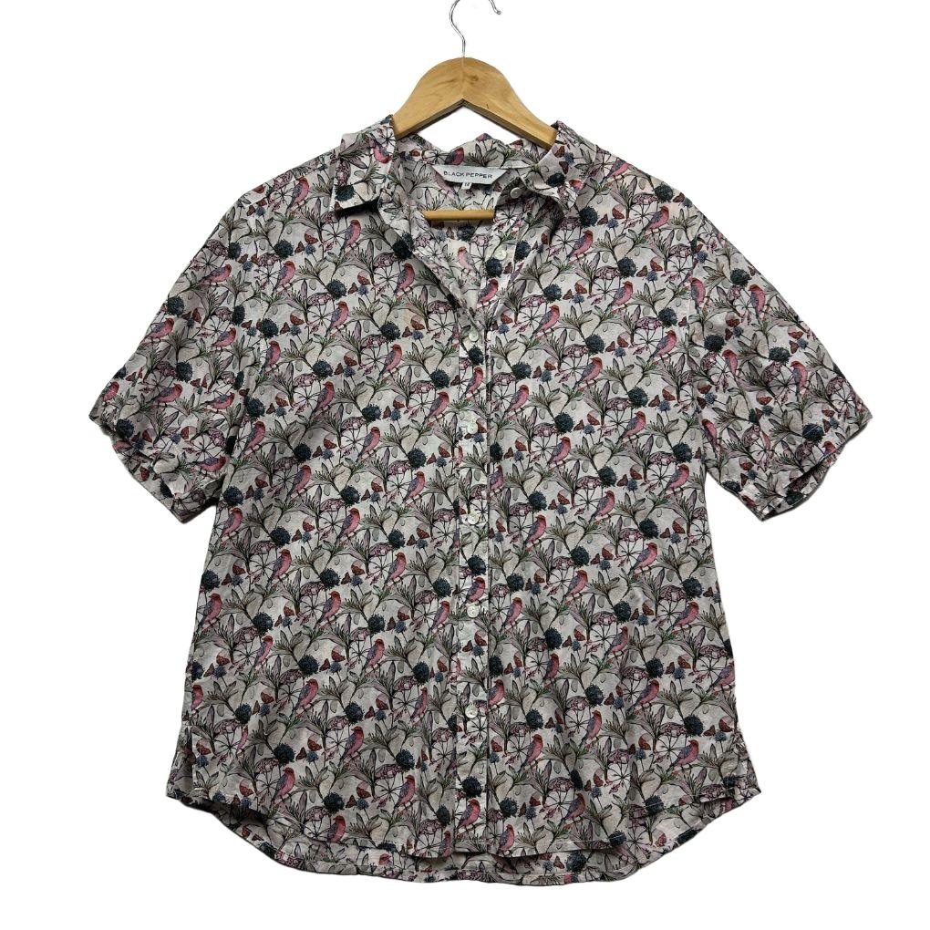 Black Pepper Bird Print Cotton Shirt - Size 14