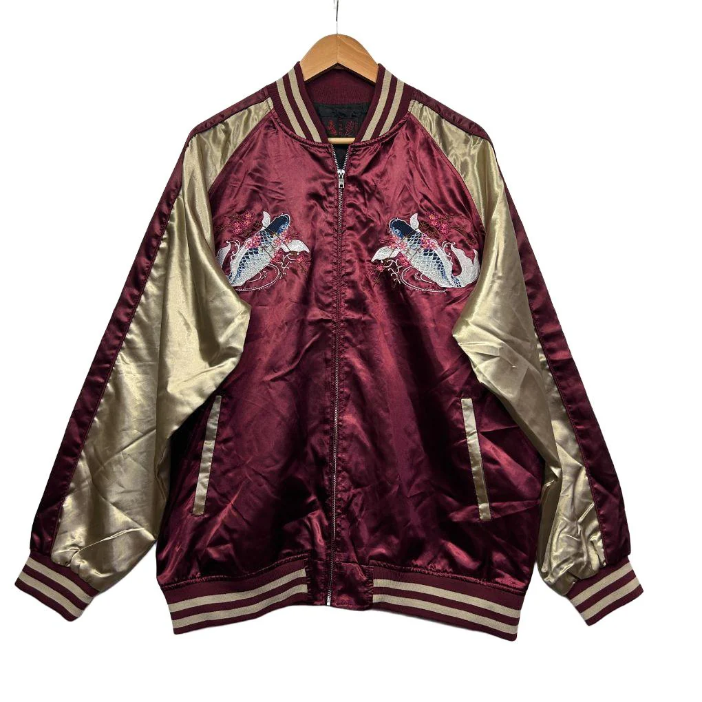 Vintage 90s Sukajan Japanese Streetwear Koi Fish Embroidery Satin Bomber Jacket 4L- Unisex Womens 20/ Mens 3XL