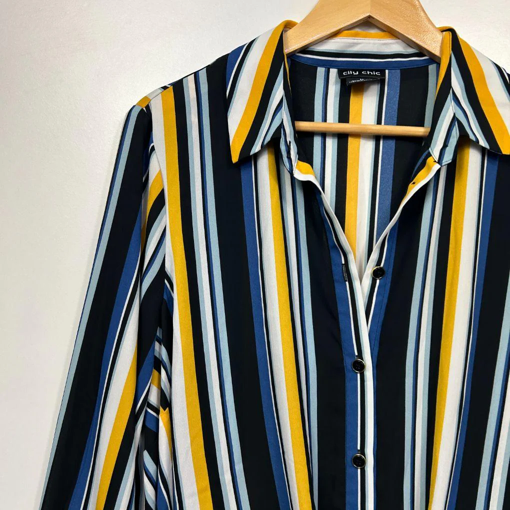 City Chic Navy Multi-Stripe Shirt - Size 18/M - Image 3