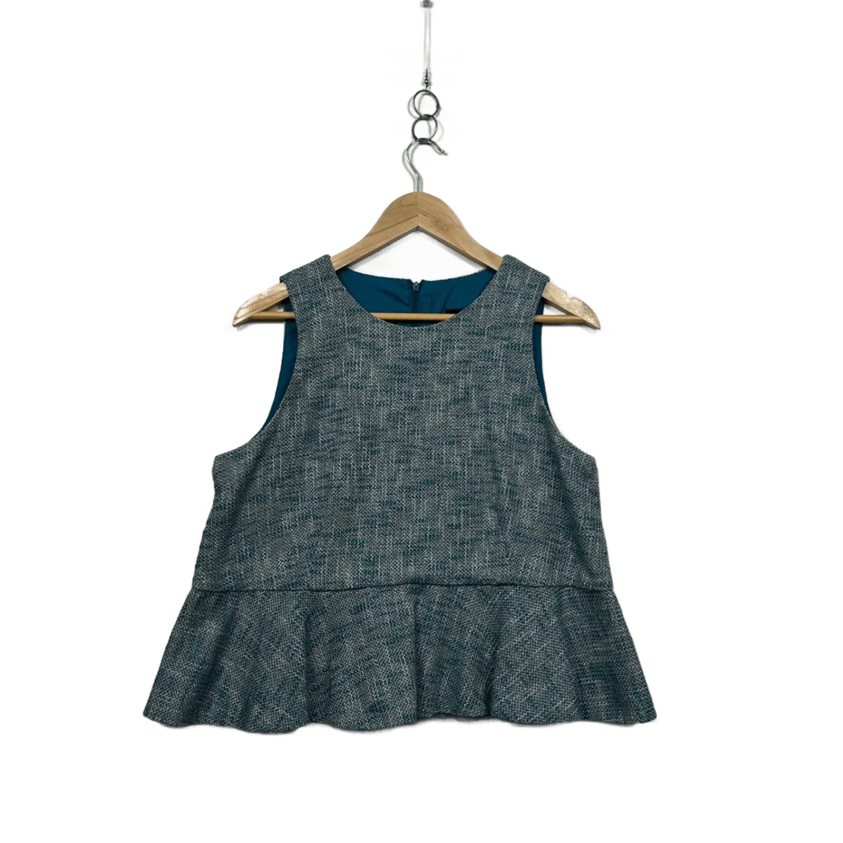 Cue Tweed Round Neck Textured Teal Peplum Top Size 12
