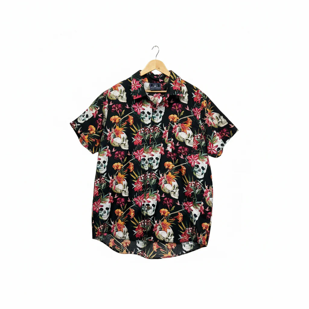 DBK Apparel Black Skull Floral Hawaiian Party Mens Shirt - 3XL