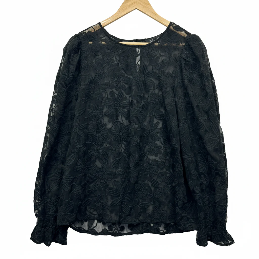 Decjuba Black Floral Lace Sheer Top - Size 14