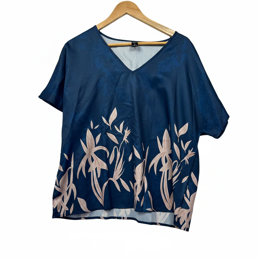Emery Rose Navy Blue Floral Print Top - Size XL