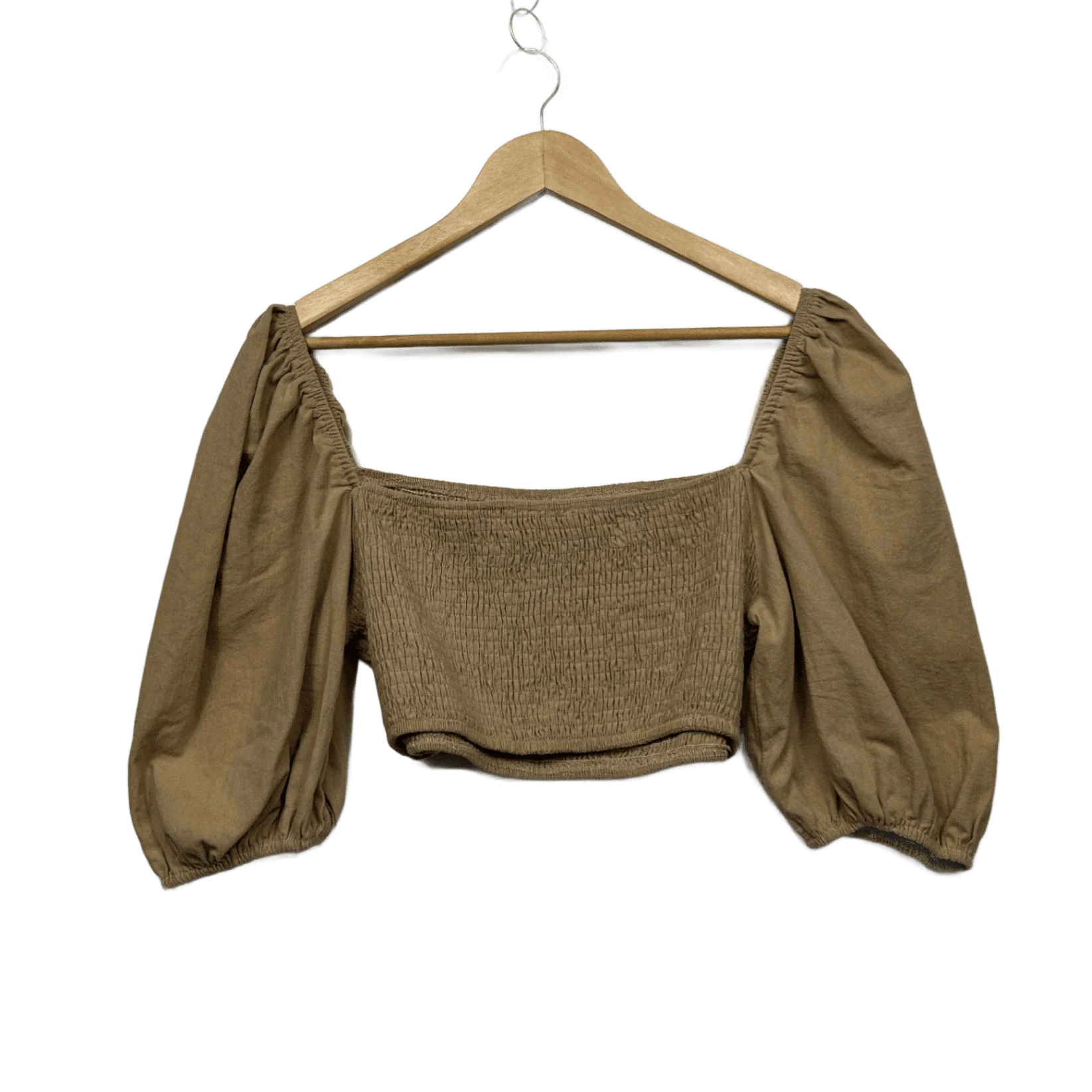 FAYT Tan Cotton Puff Sleeve Ruched Peasant Crop Top Blouse Size 14 - Image 2