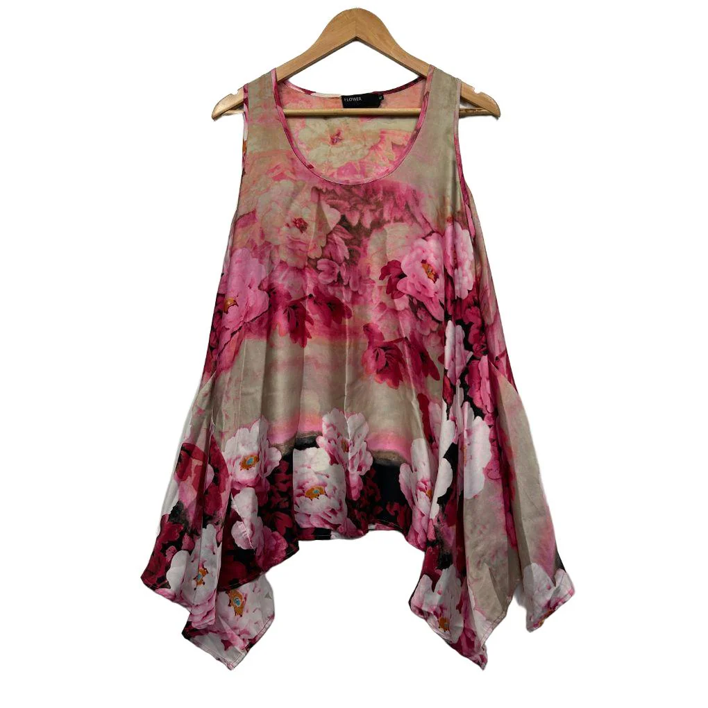 Flower Pink Floral Asymmetric Hem Top - Size 12