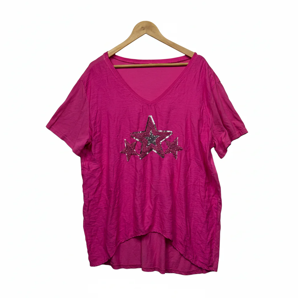 Pink Sequin Star V-Neck Short Sleeve Top - Size 14/16