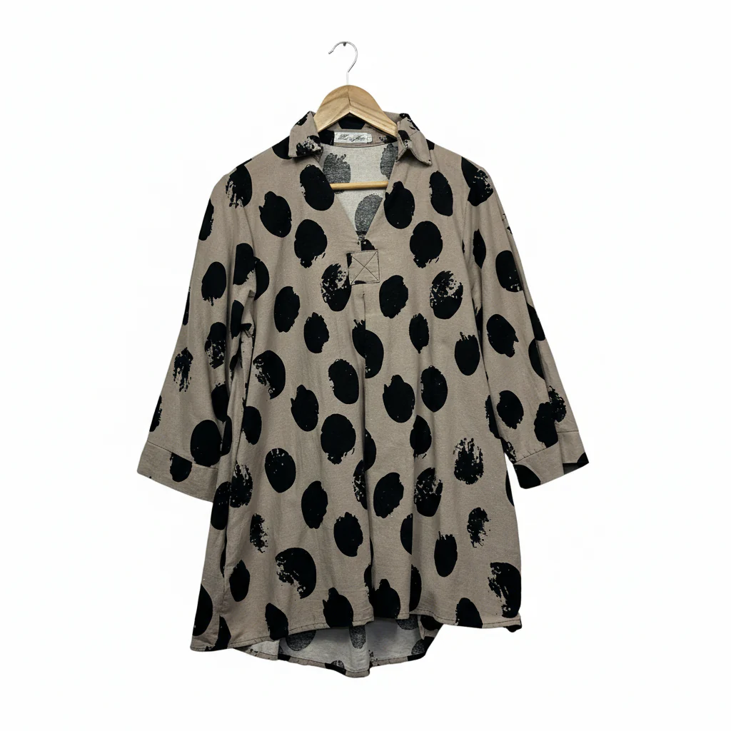 Hourglass Beige Black Spot Print Linen Blend Top - Size 14