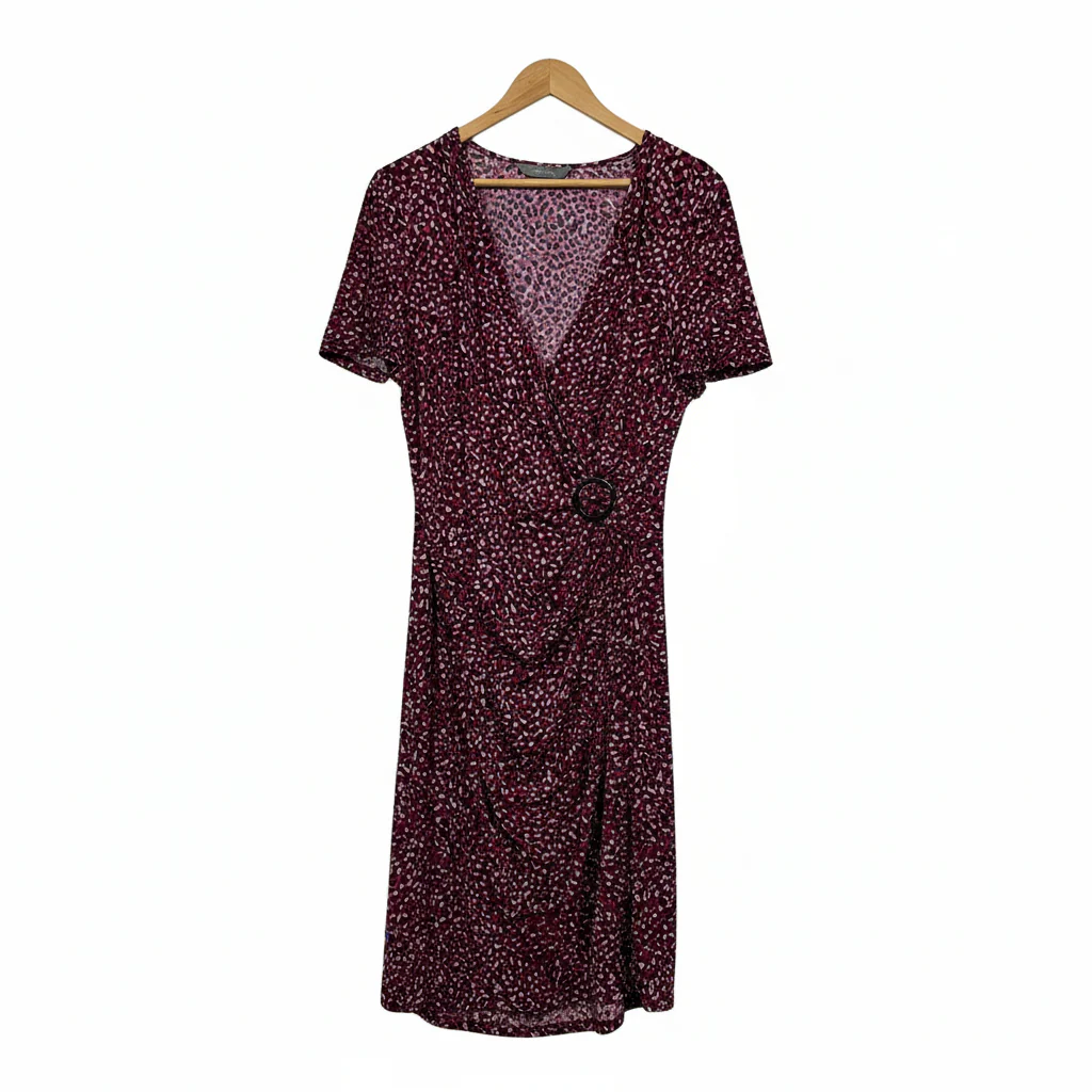 Jacqui E Burgundy and Pink Leopard Print Dress - Size L