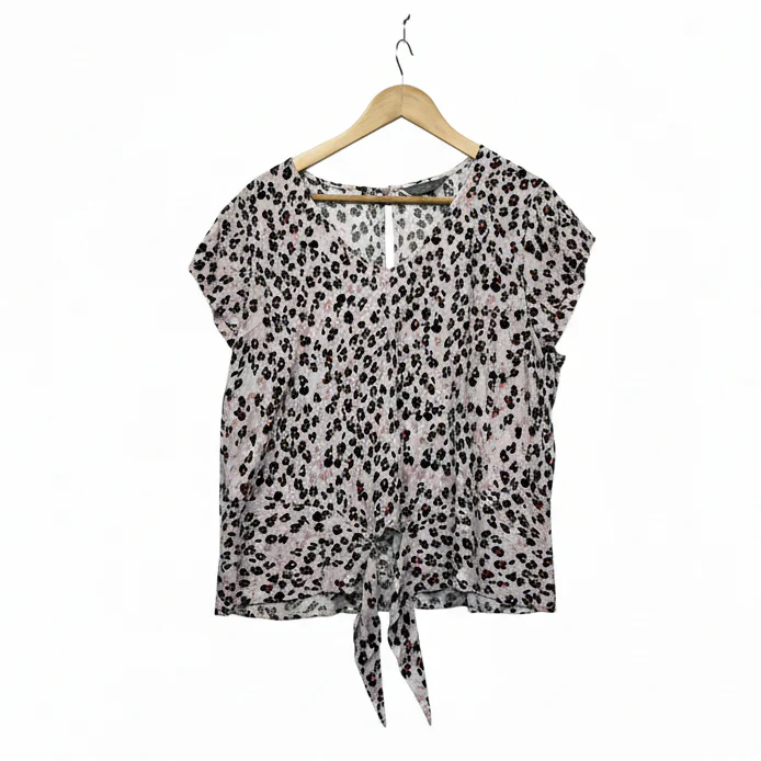 Jacqui E Pink Black and Grey Leopard Print Top - Size 18