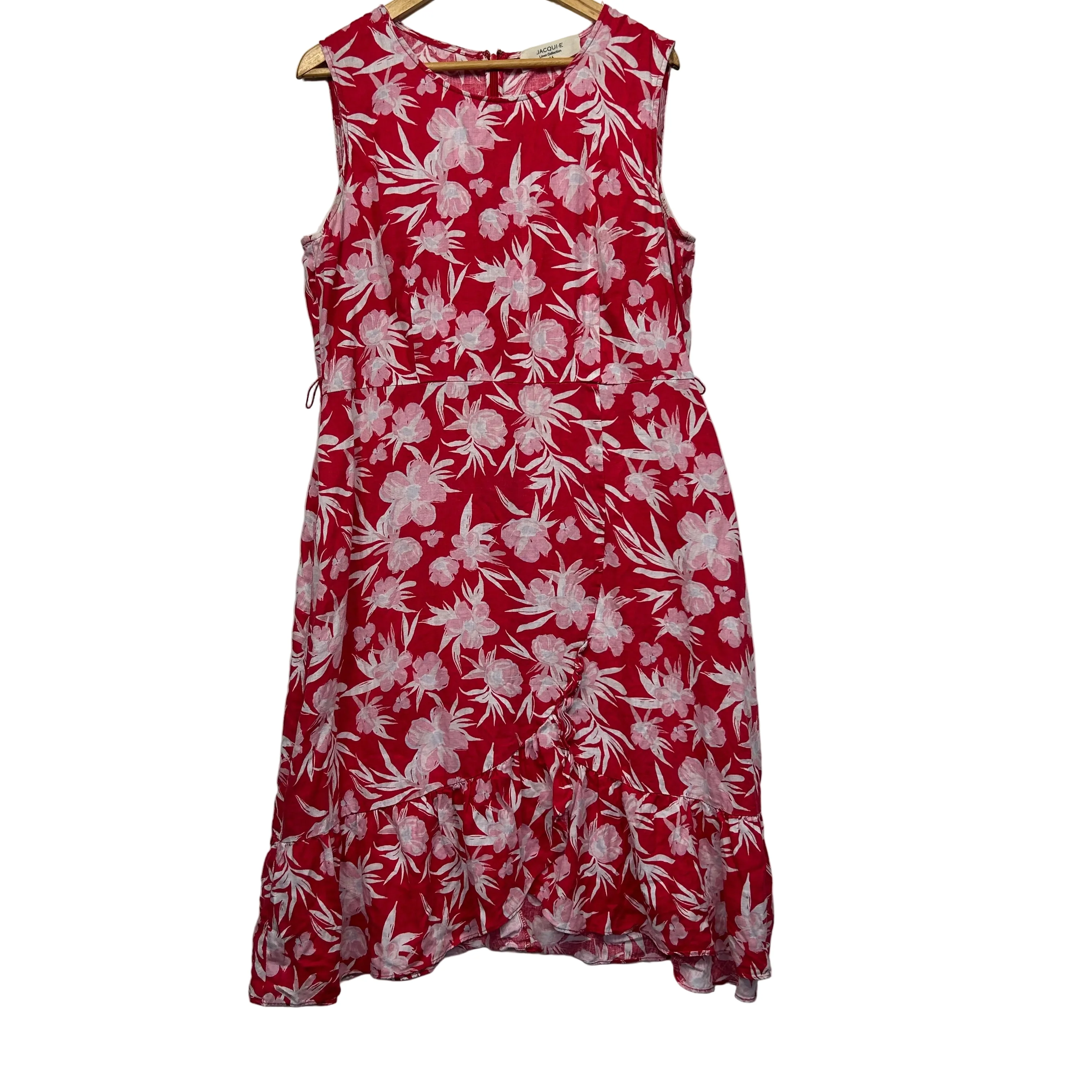 Jacqui E Red Floral Linen Sleeveless Dress - Size 16 - Image 2