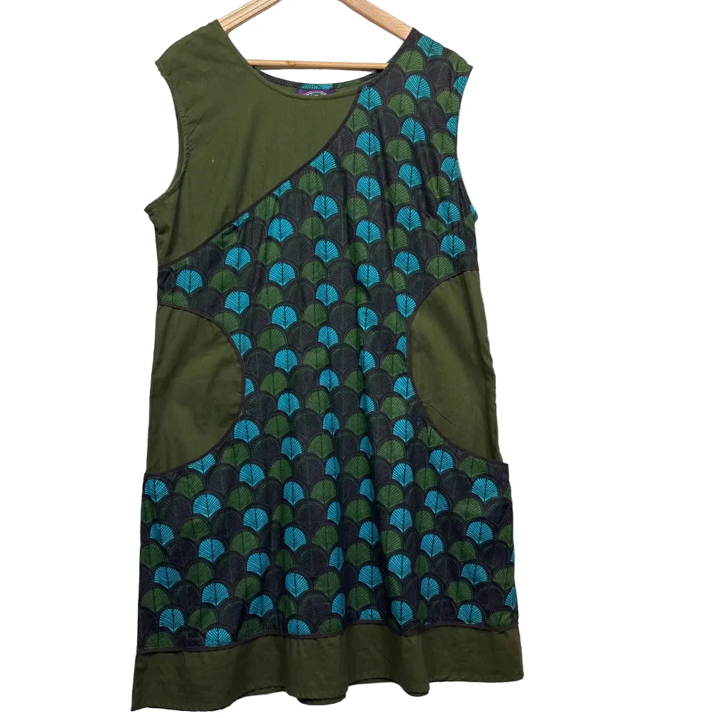 Keshet Green Fan Print Sleeveless Dress - Size L/XL