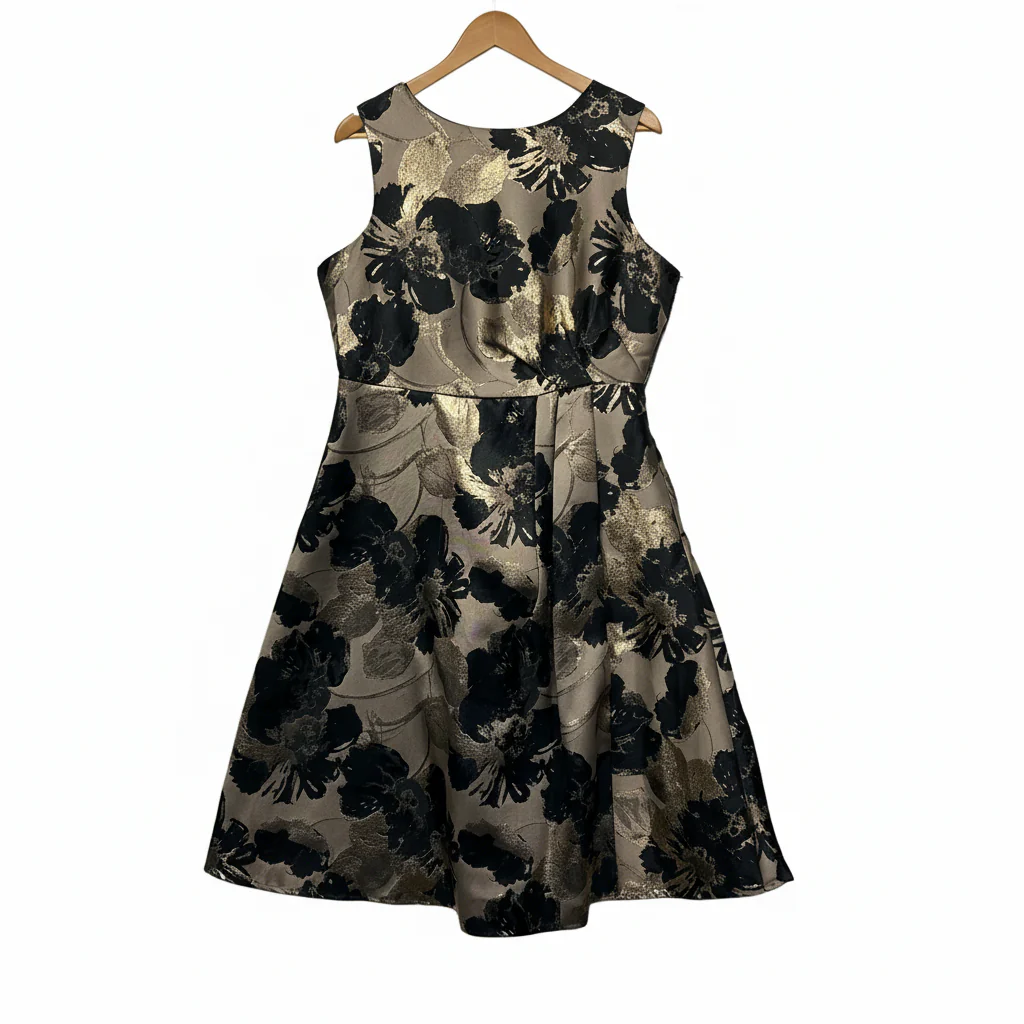 Liz Jordan Black and Gold Brocade Evening Cocktail Dress - Size 14