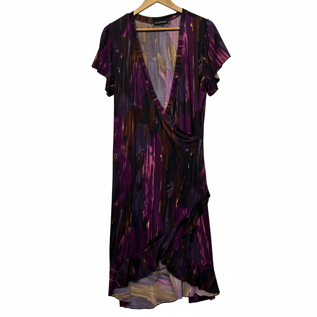 Liz Jordan Purple Multicoloured Abstract Faux Wrap Dress - Size L