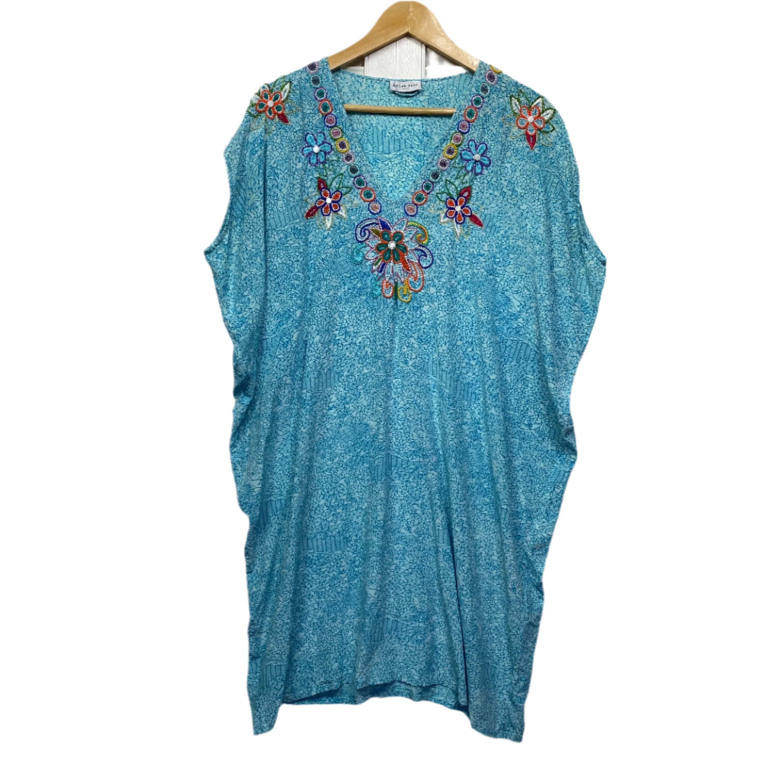 Megan Park Kaftan Dress 100% Silk Blue Embroidered Size 3 (AU 12 - 14)