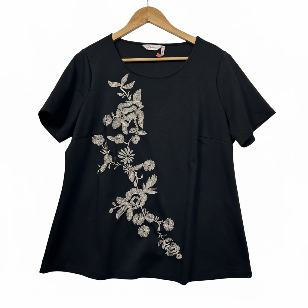 Millers Black Embroidered Floral Top - Size 16