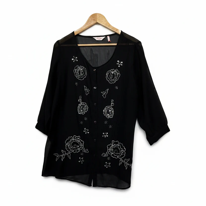 Millers Black Sheer Button up Beaded Top - Size 14