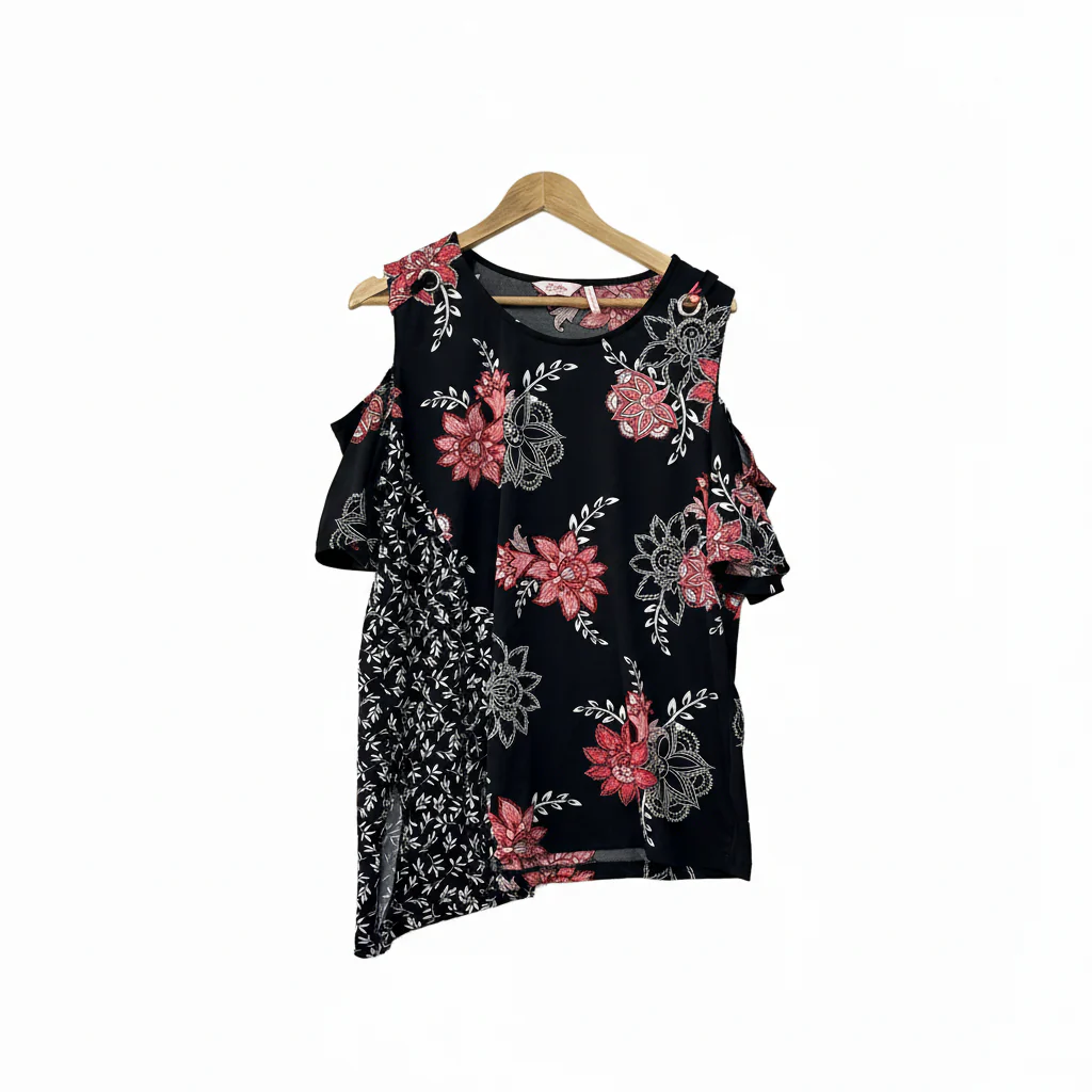 Millers Black Pink Floral Cold Shoulder Top - Size 16