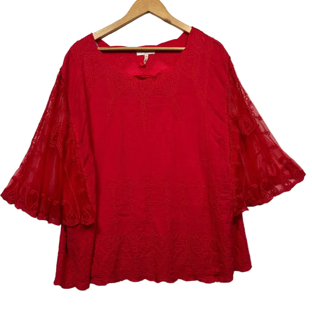 Millers Red Cotton Lace Bell Sleeve Top - Size 22