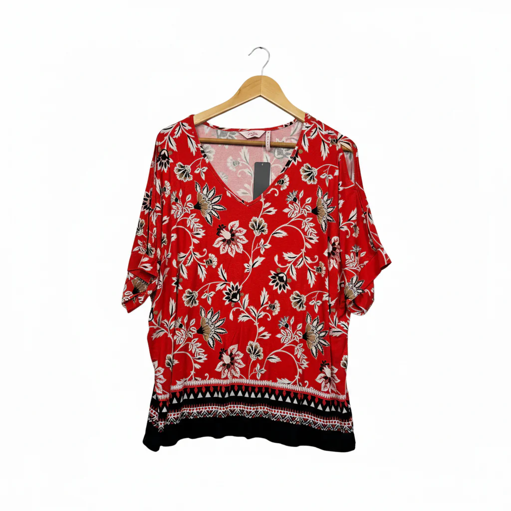 Millers Woman Red and Pink Floral Cold Shoulder Top - Size 16
