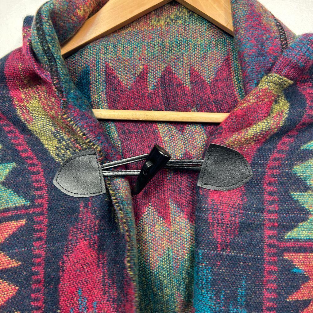 Multicolour Aztec Hooded Fringe Poncho - One Size - Image 2