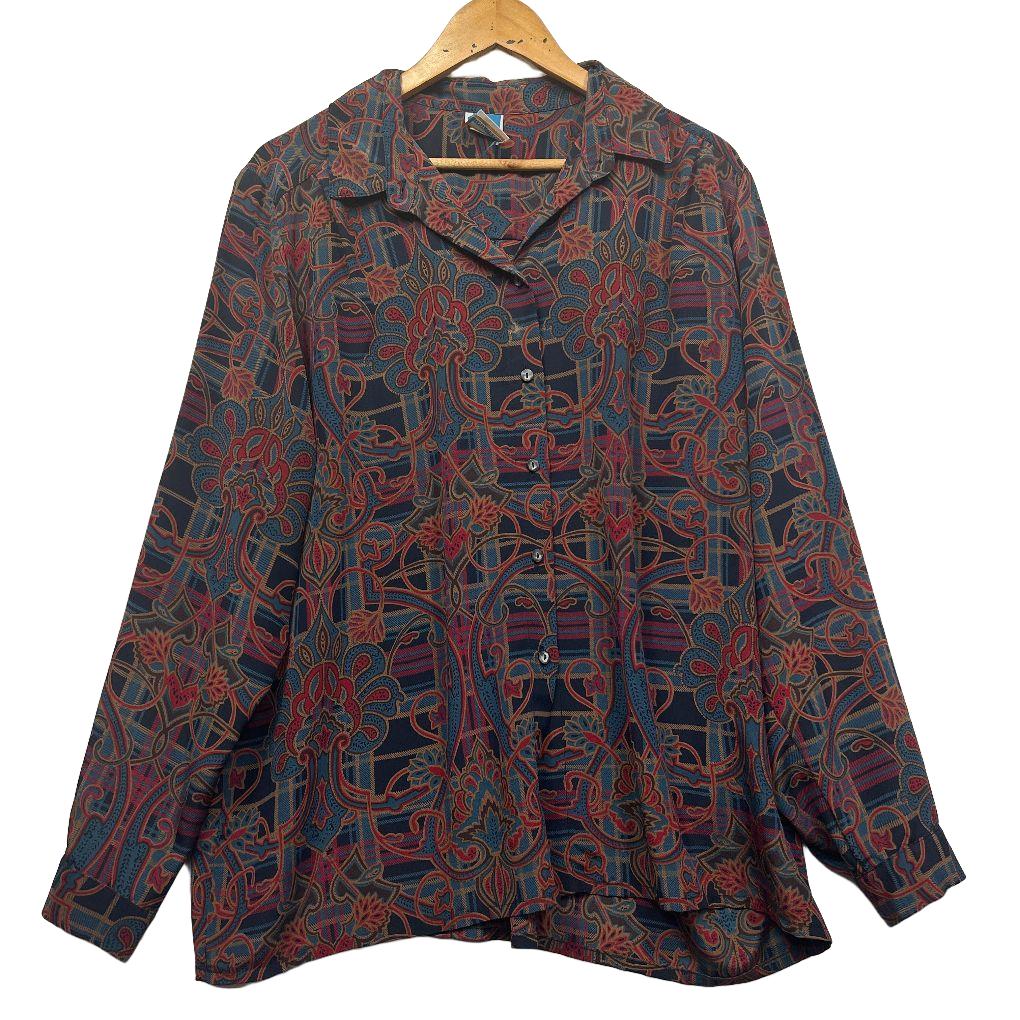 Vintage Navy Paisley Long Sleeve Shirt - Size 18