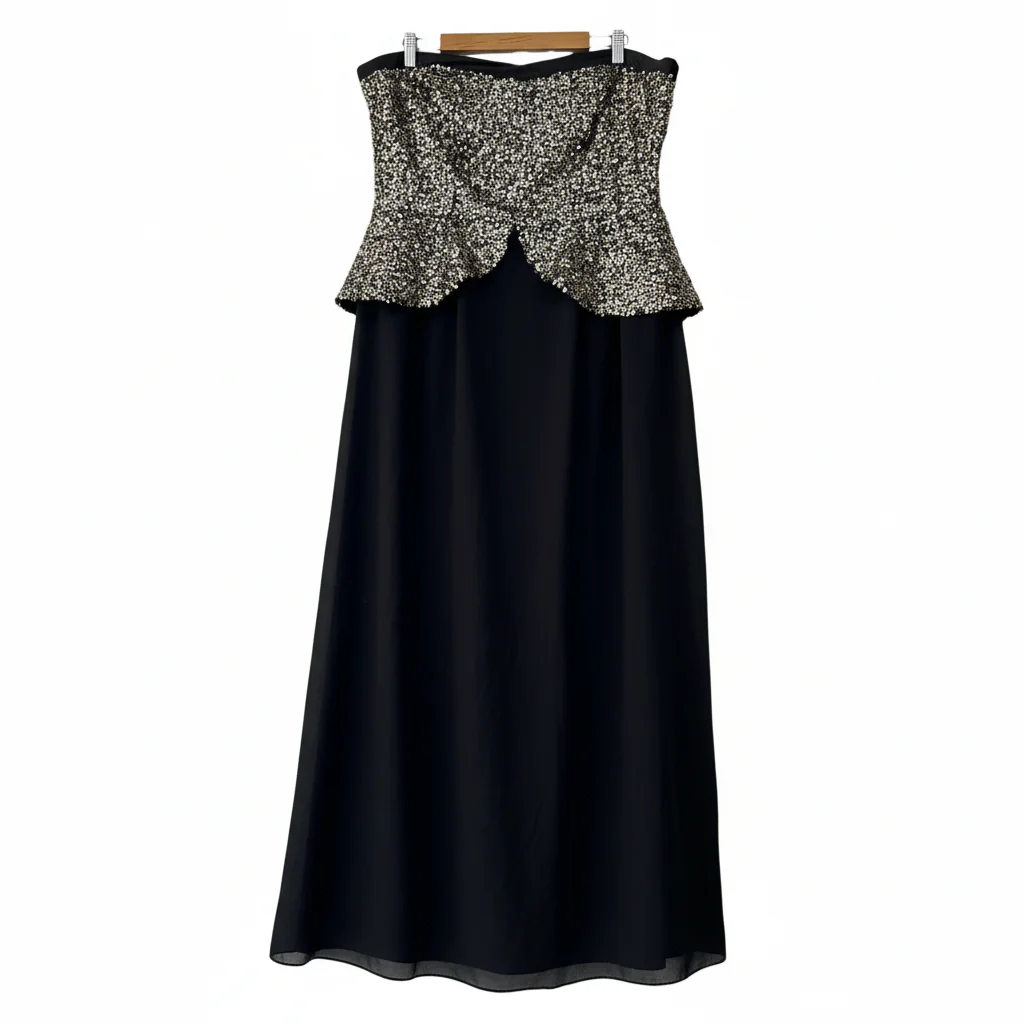 City Chic Strapless Peplum Black & Gold Sequins Evening Formal Dress - Size 18/M