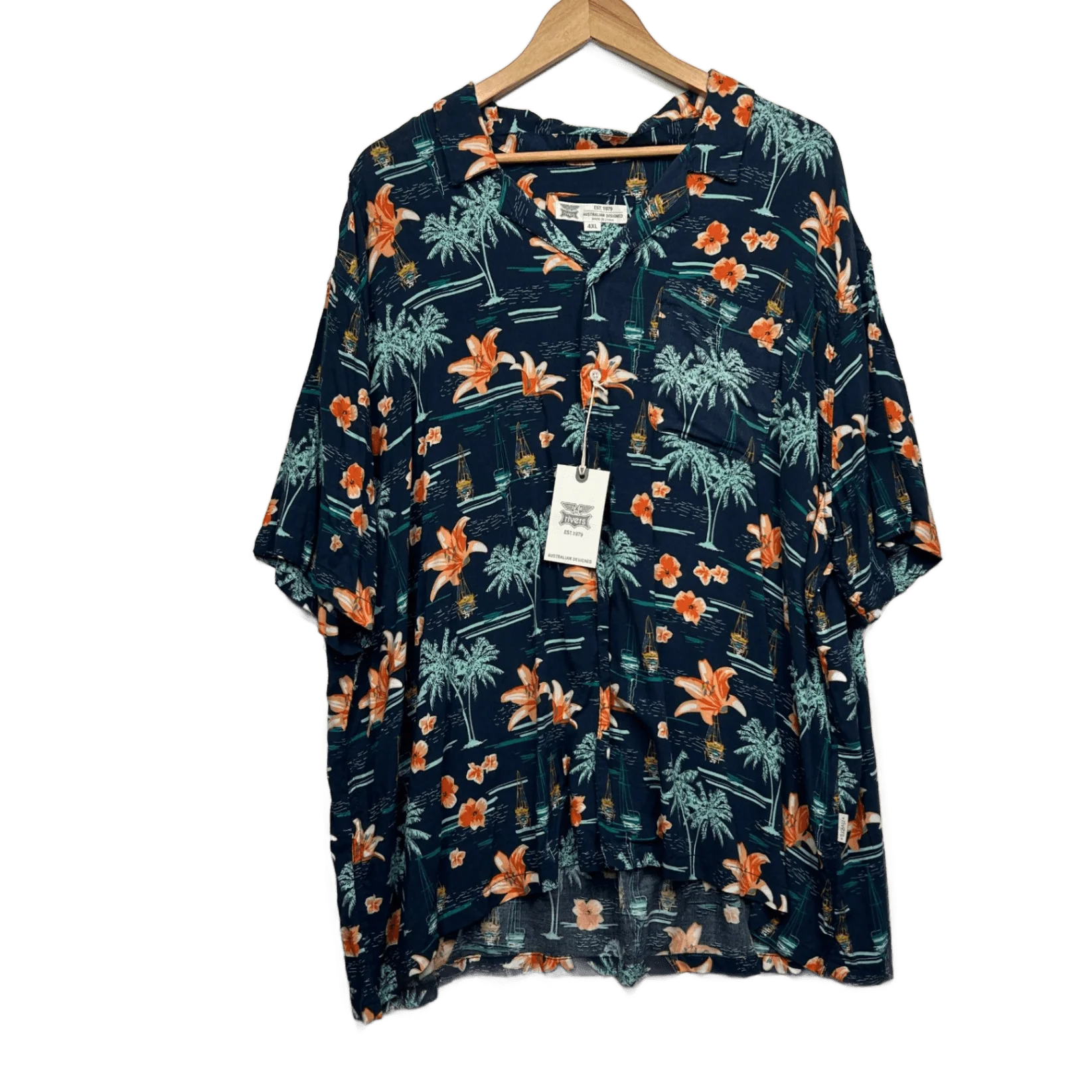 New Rivers Hawaiian Shirt 4XL Navy Blue Viscose Tropical Holiday
