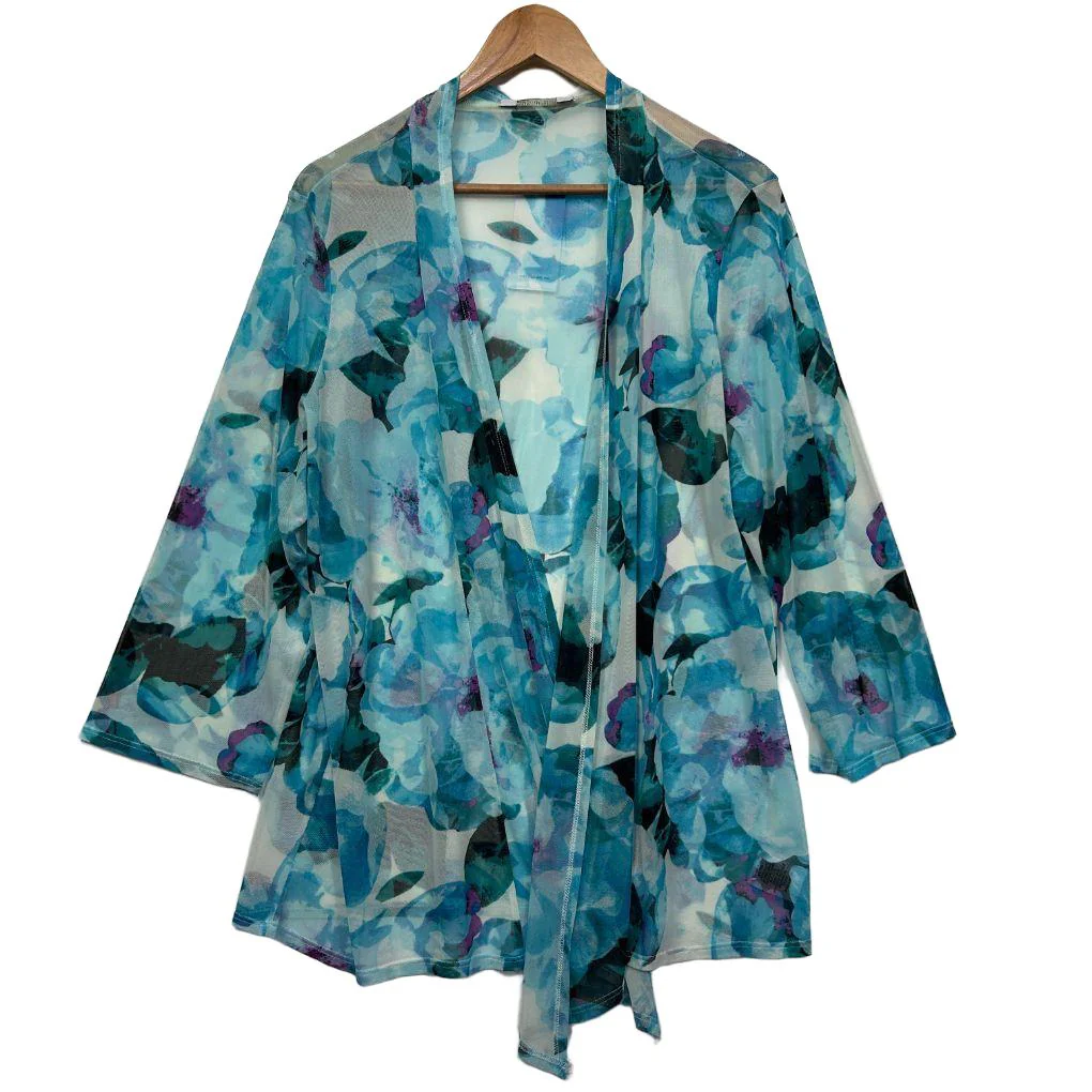 Noni B Blue Floral Sheer Open Front Top - Size XL