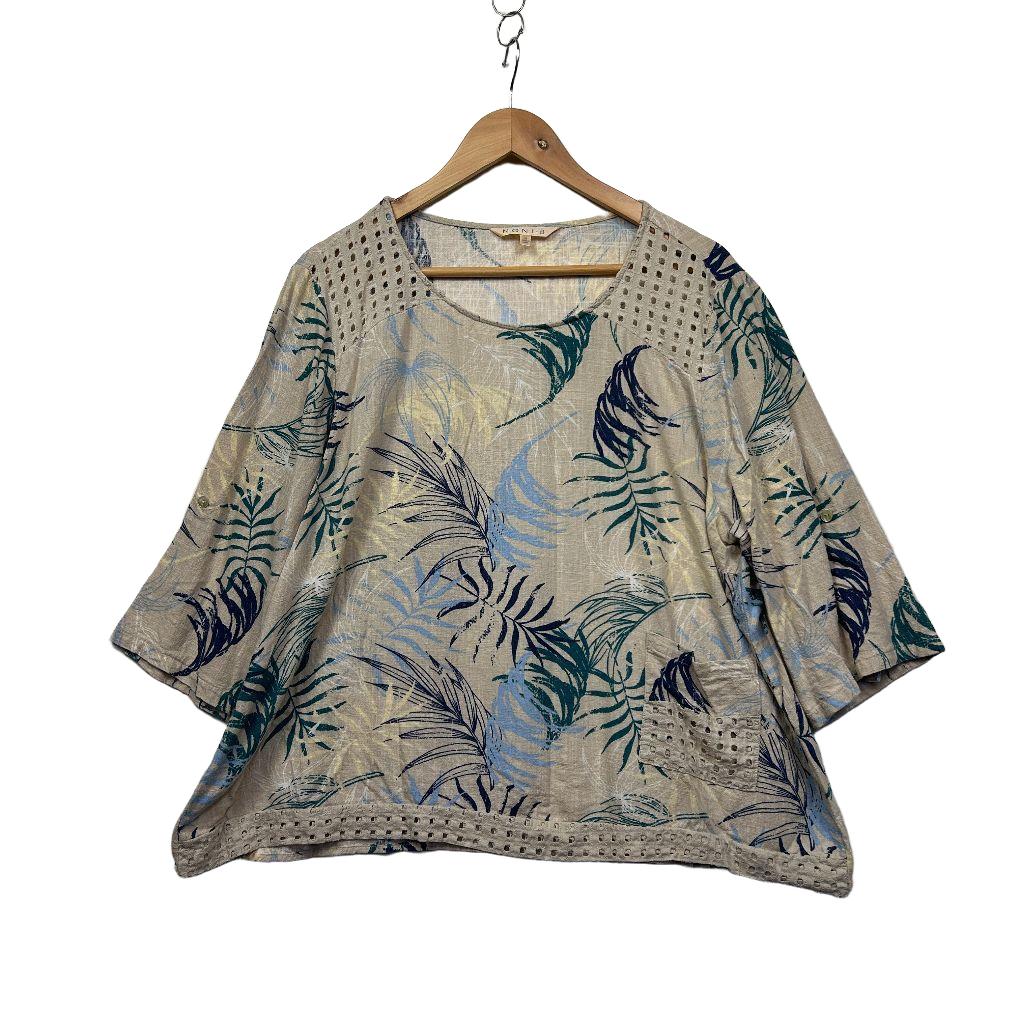 Noni B Natural Leaf Print Linen Top - Size 18