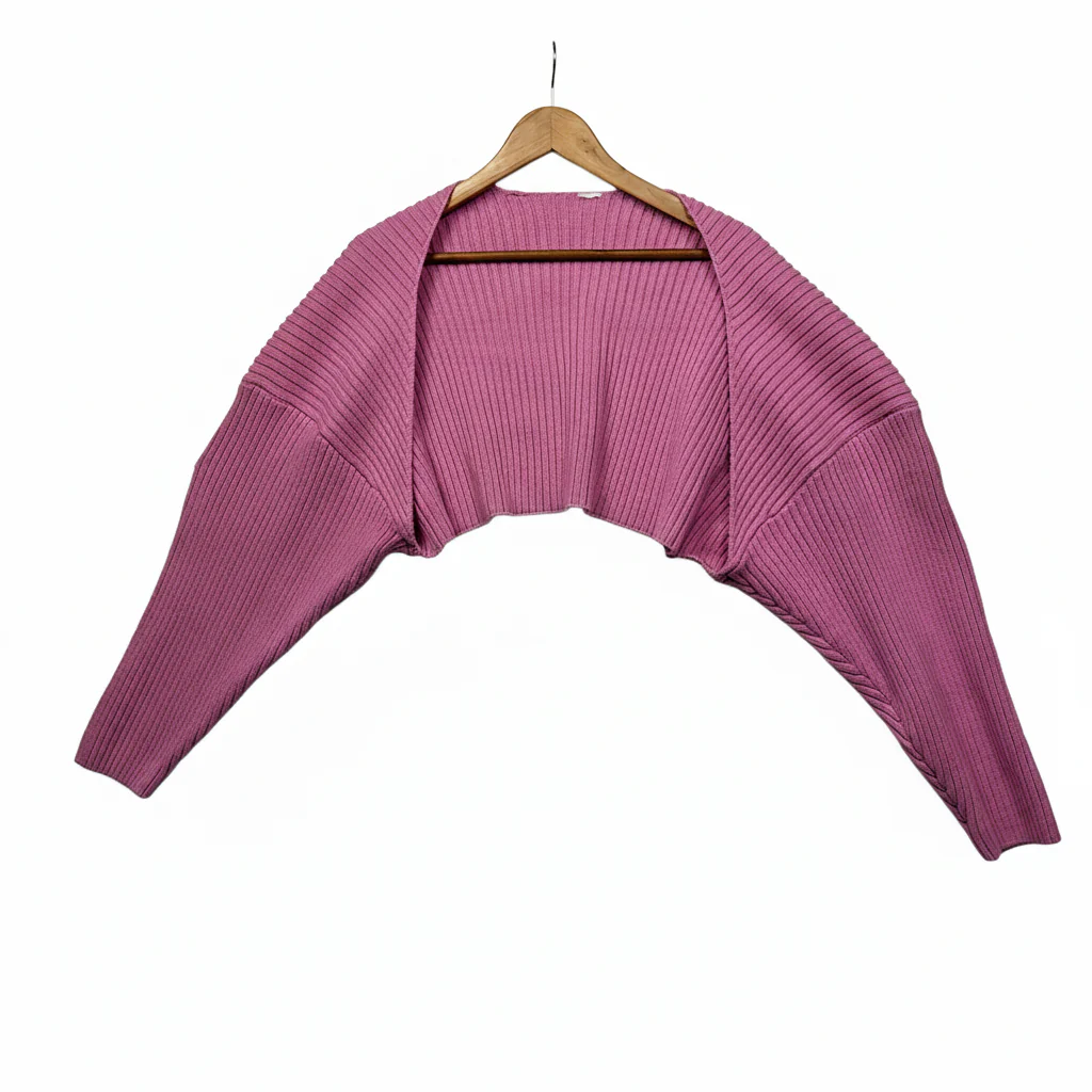 Pink Ribbed Cropped Long Sleeve Shrug - Size 16