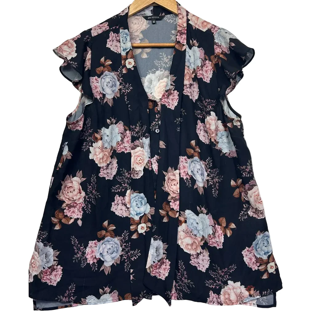 Portmans Black Floral Sleeveless Blouse - Size 16