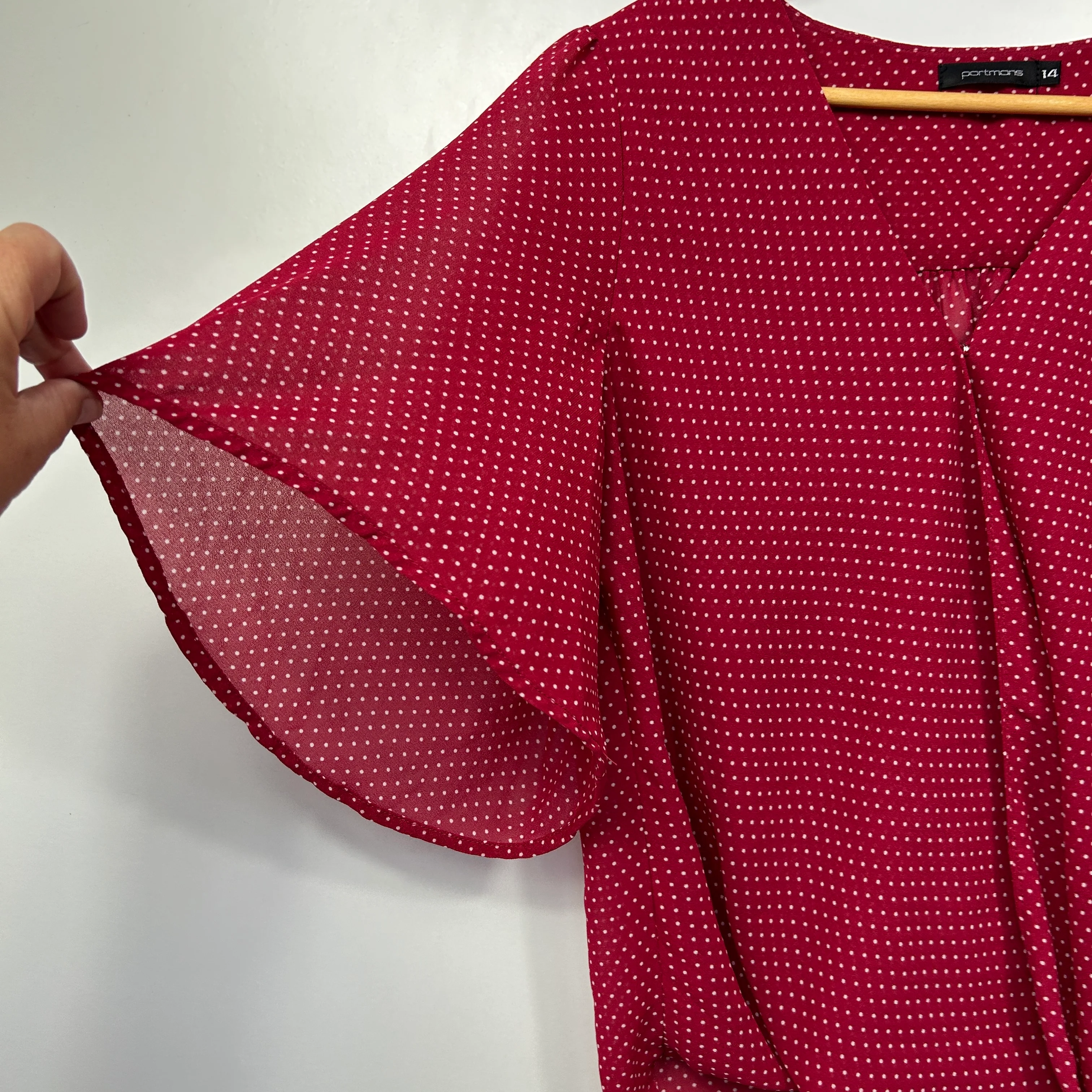 Portmans Burgundy Polka Dot Ruffle Sleeve Top - Size 14 - Image 3