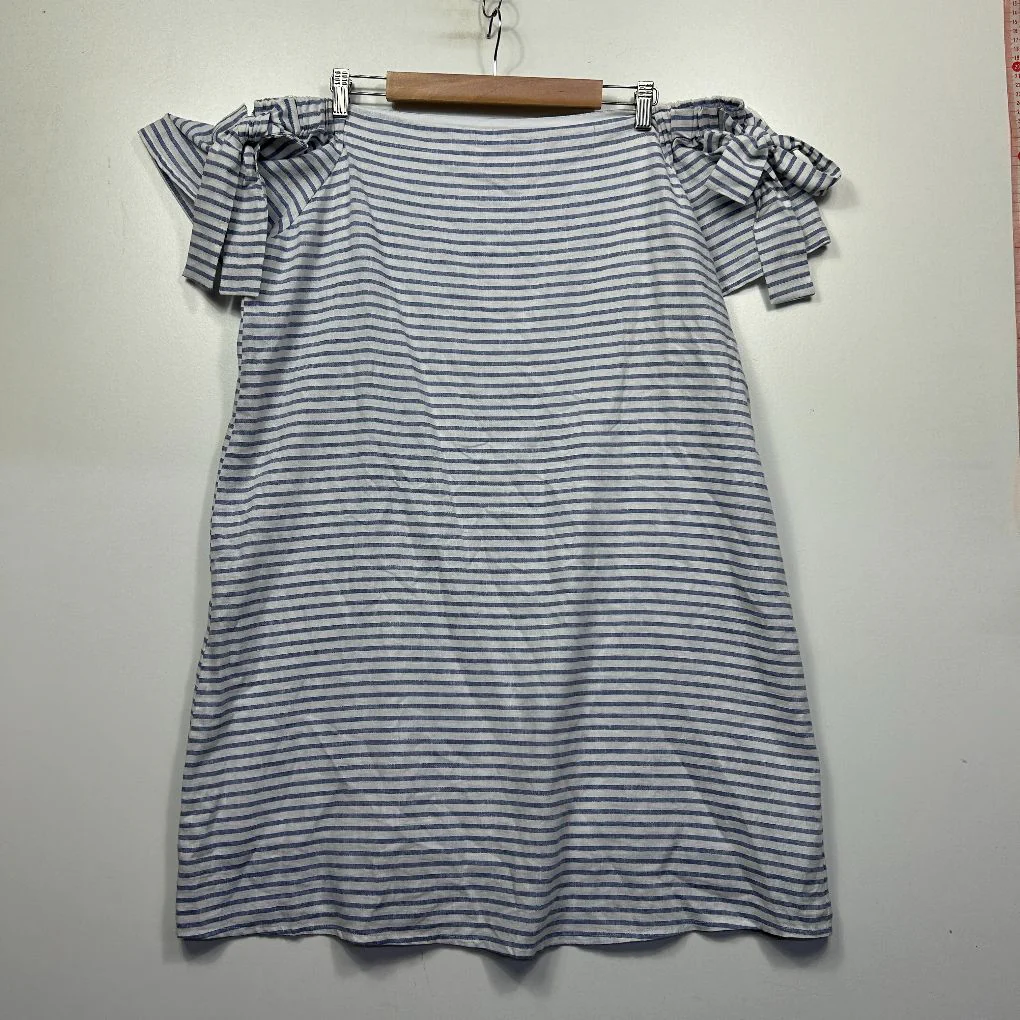 Rockmans Blue Linen Striped Off the Shoulder Dress - Size 16 - Image 2