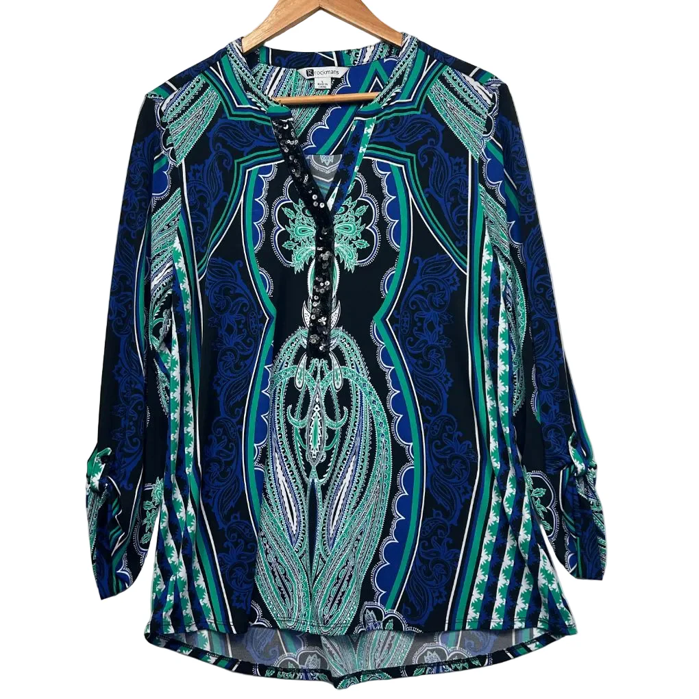 Rockmans Blue Paisley Print Top - Size L