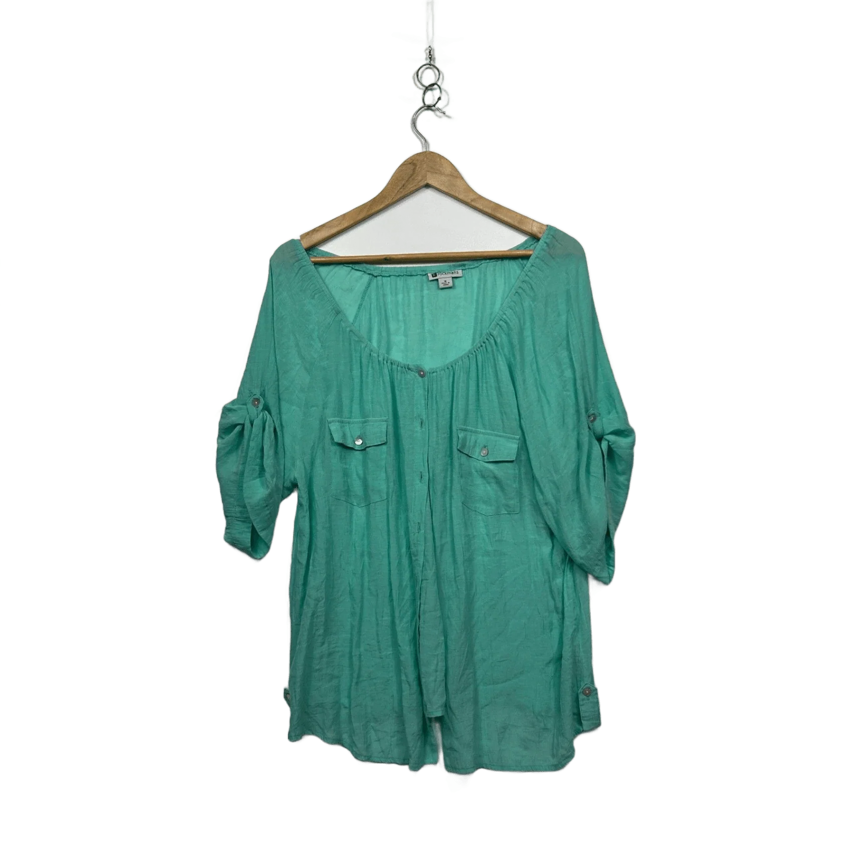Rockmans Green Short Roll Tab Sleeve Top Blouse Size 16