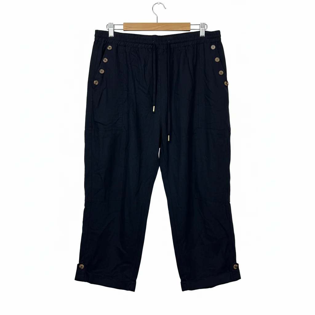 Rockmans Navy Blue Linen Cropped Pants - Size 16