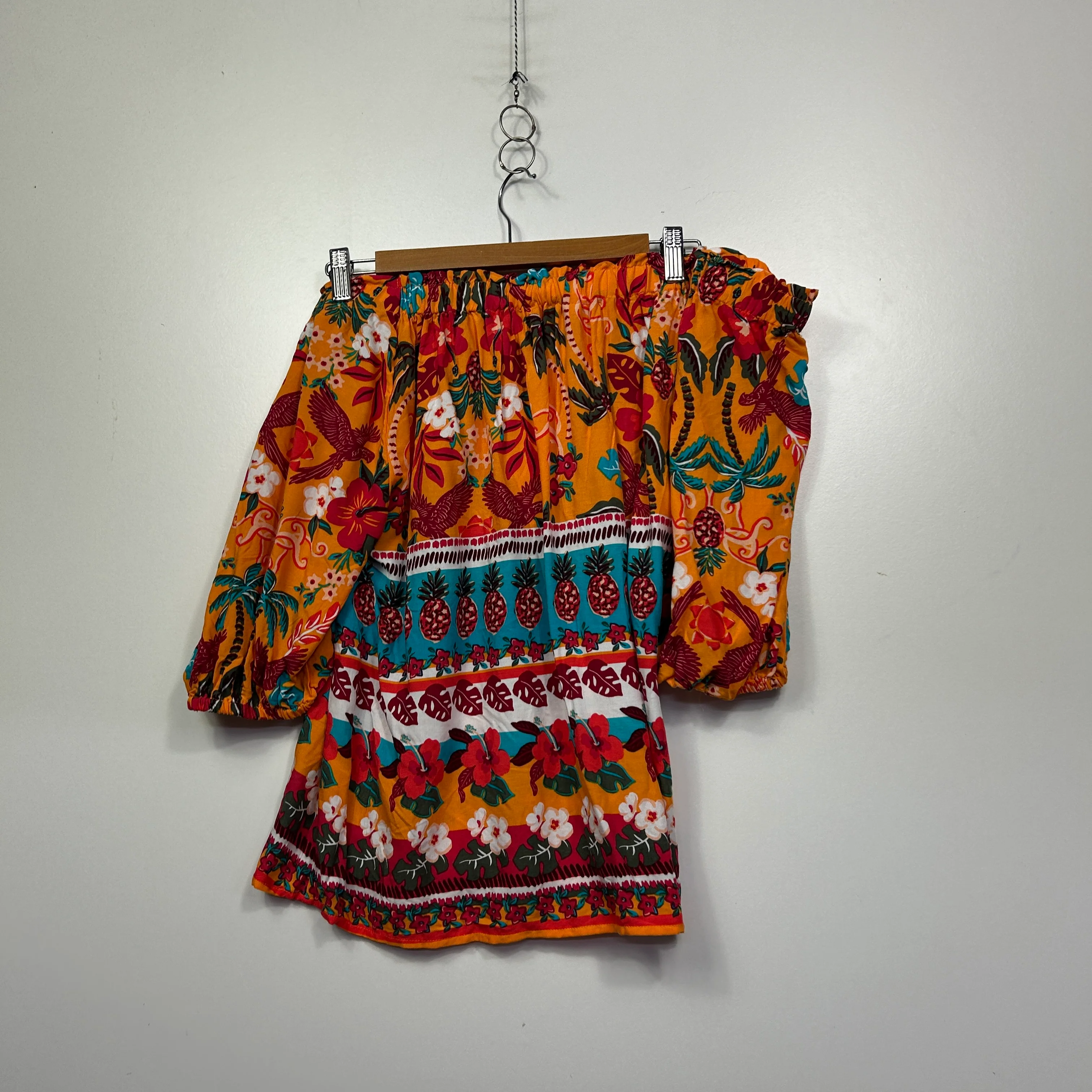 Rockmans Orange Floral Print Off The Shoulder Top - Size 14 - Image 2