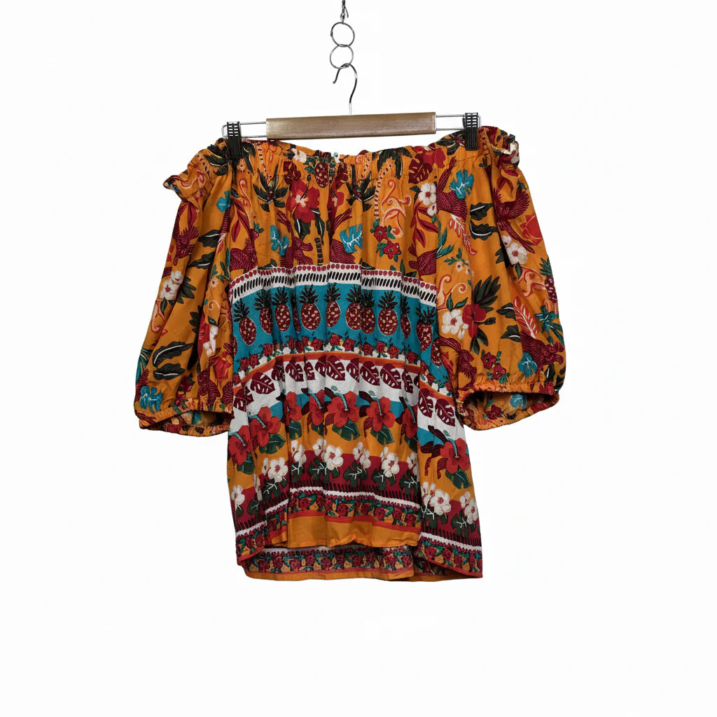 Rockmans Orange Floral Print Off The Shoulder Top - Size 14