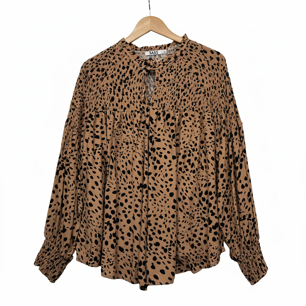 SASS Tan Black Animal Print Top - Size 16