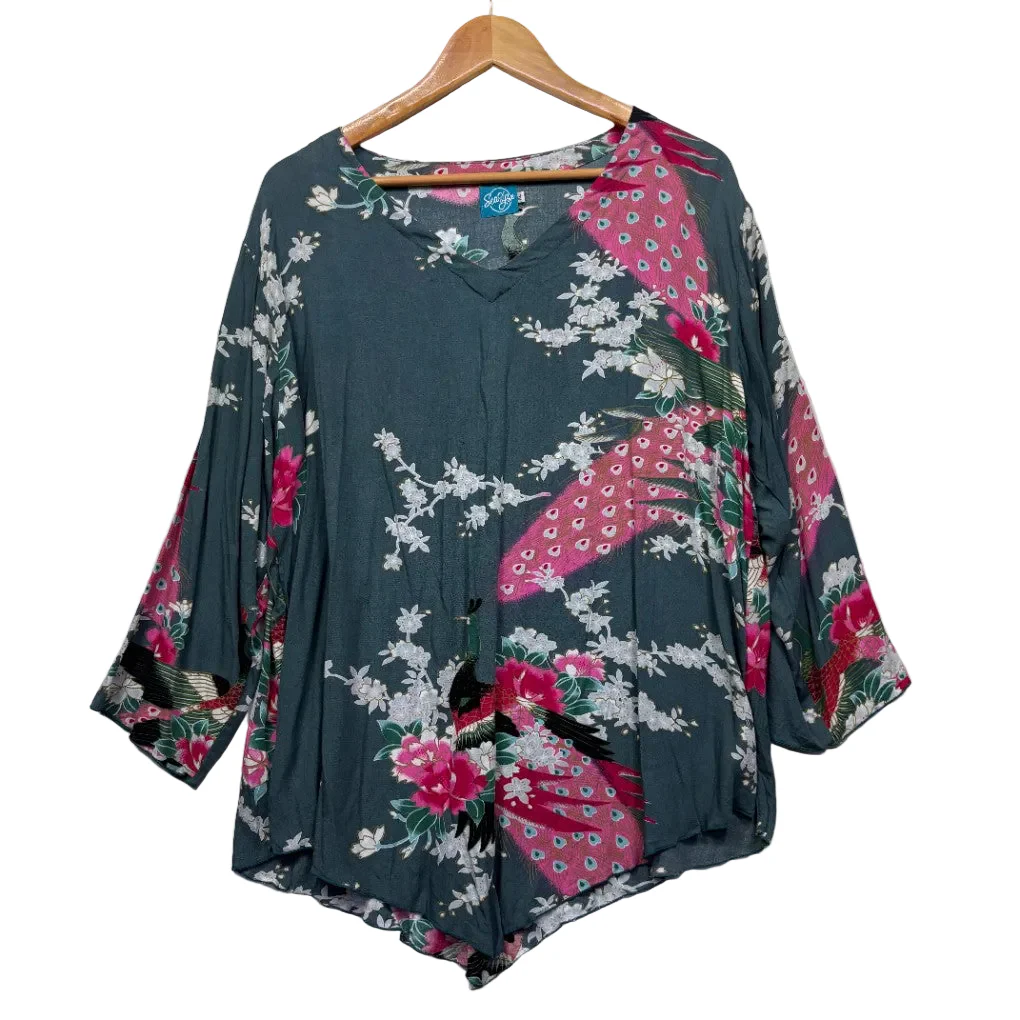 Sea Love Teal Peacock Print Top - Size XL