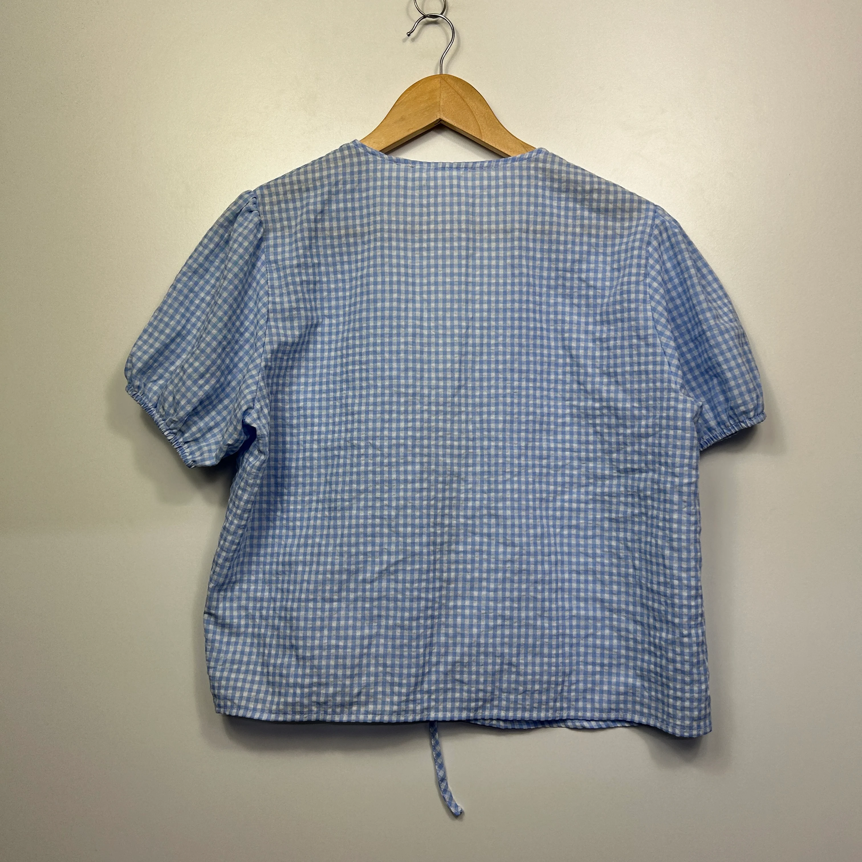 Shein Blue Gingham Check Short Sleeve V-Neck Casual Top Tie Front Blouse Size XL - Image 4