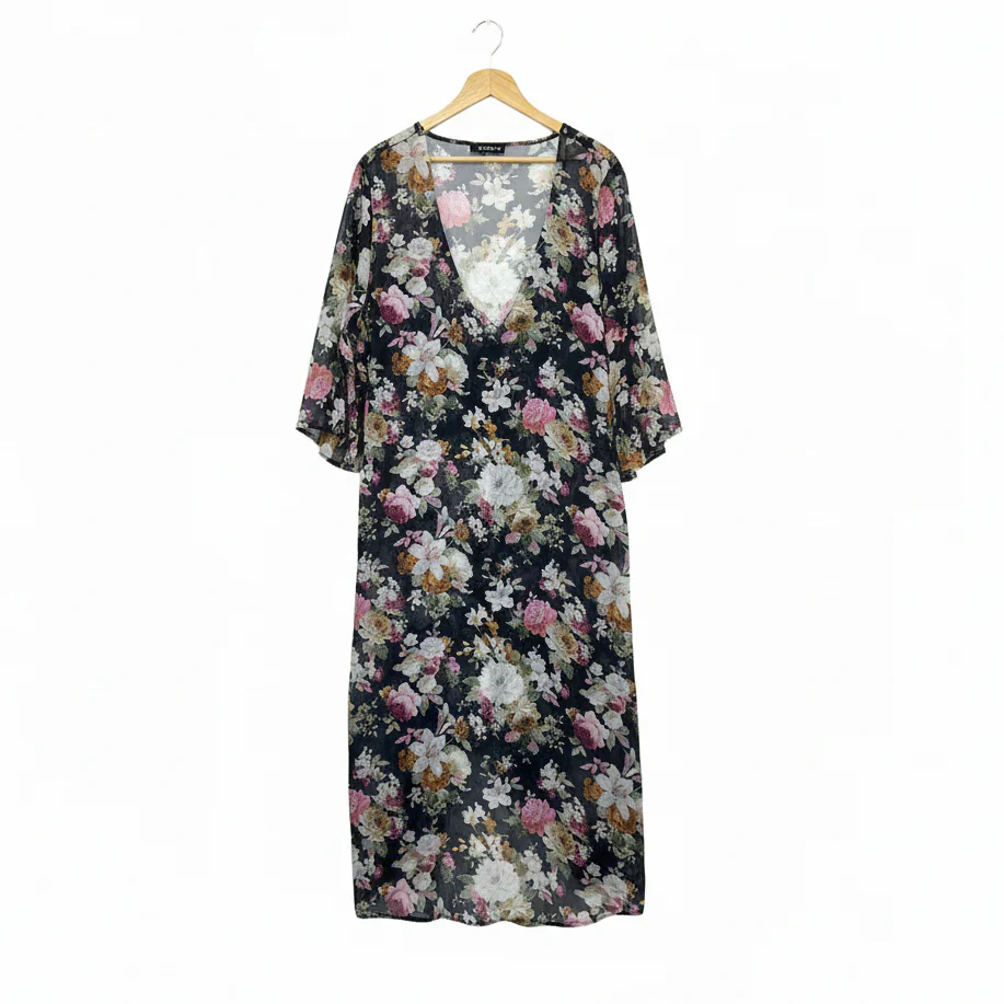 Shein Curve Black Floral Kimono - Size 16/18