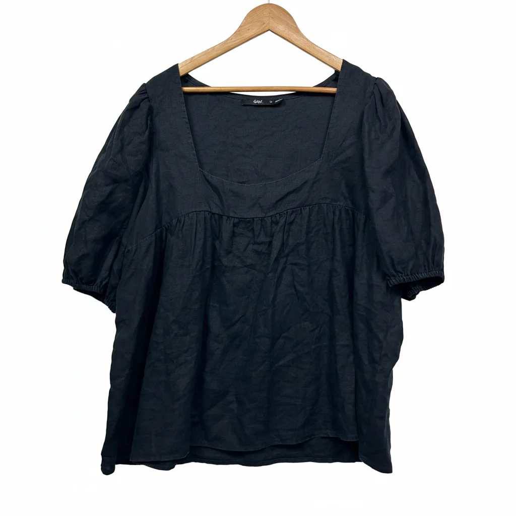 Sportsgirl Black Linen Short Sleeve Top - Size 16