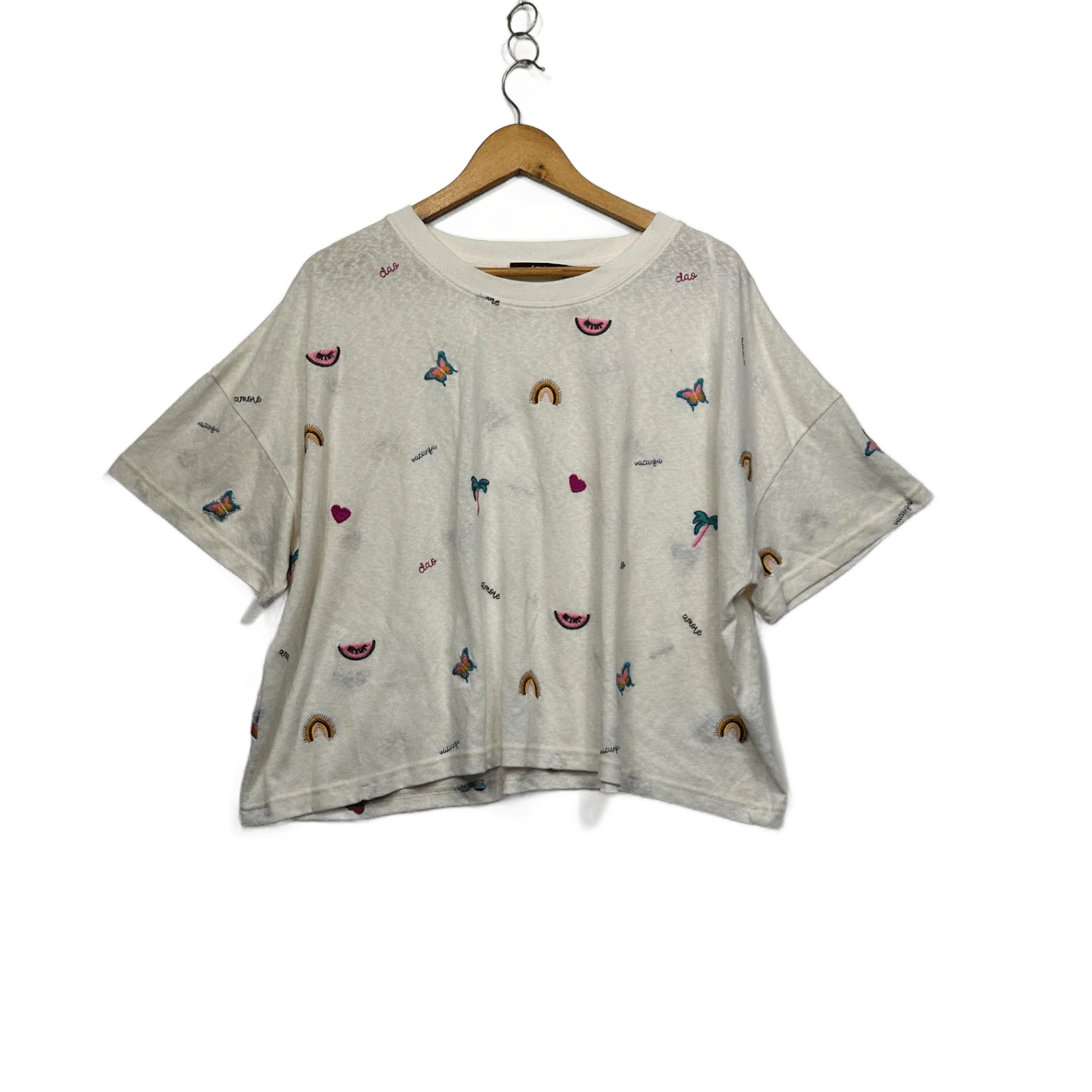 Sportsgirl White Cropped Short Sleeve Crew Neck T-Shirt Size 16 18 2XL Butterfly