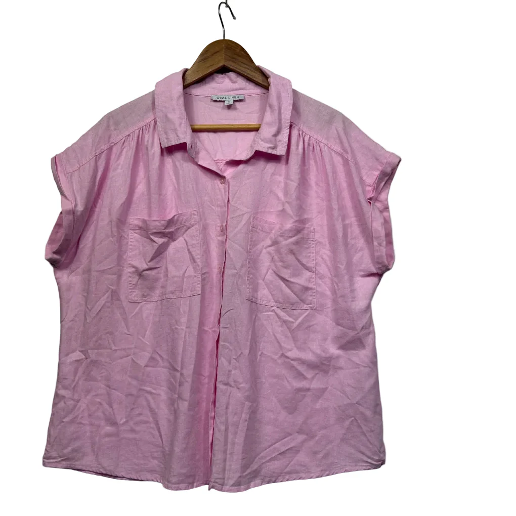 Suzanne Grae Linen Pink Short Sleeve Button-Up Shirt - Size 14