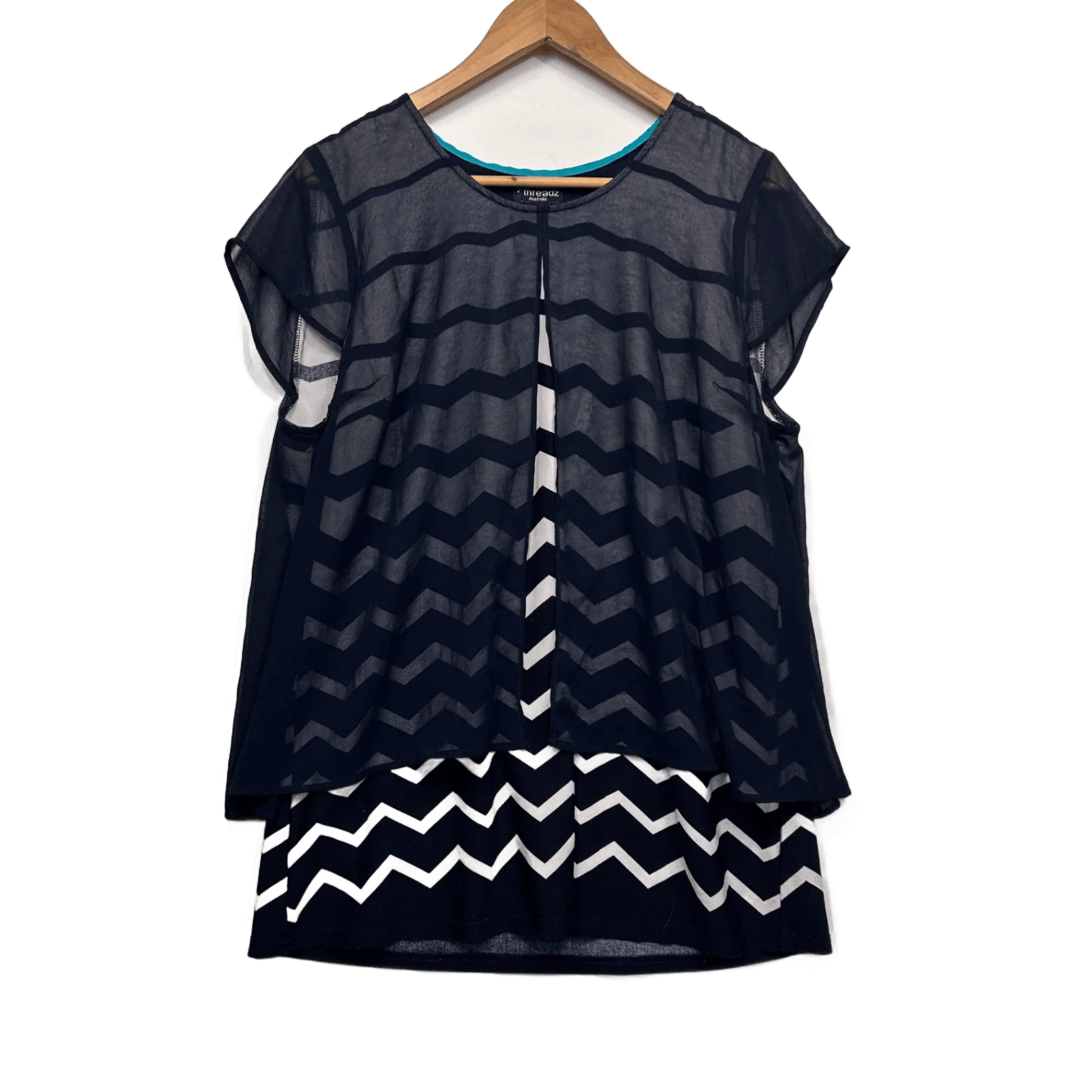 Threadz Navy White Sheer Overlay Short Sleeve Top Striped Size XL